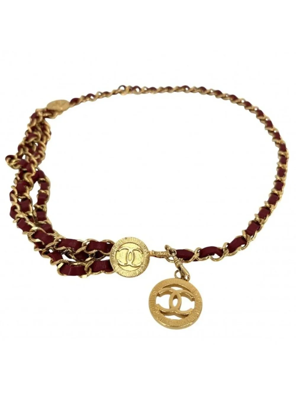 Chanel Belt Medal Chain CC Logo Vintage Leather Red Gold
